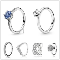 original 925 sterling silver blue sparkling crown with crystal ring for women wedding party gift europe fashion jewelry