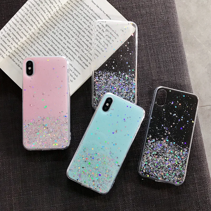 Блестящий силиконовый чехол со звездами для iPhone 11 Pro XS X XR Max блестящий прозрачный