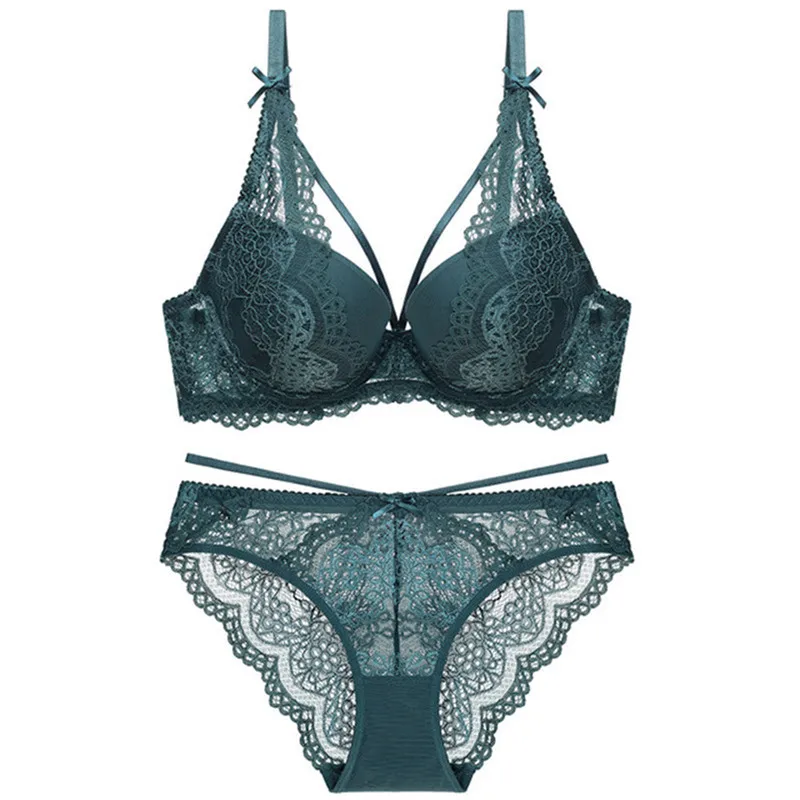 

NEW Top Sexy Underwear Set Cotton Push-up Bra And Panty Sets 3/4 Cup Brand Green Lace Lingerie Set Women Deep V Brassiere Black
