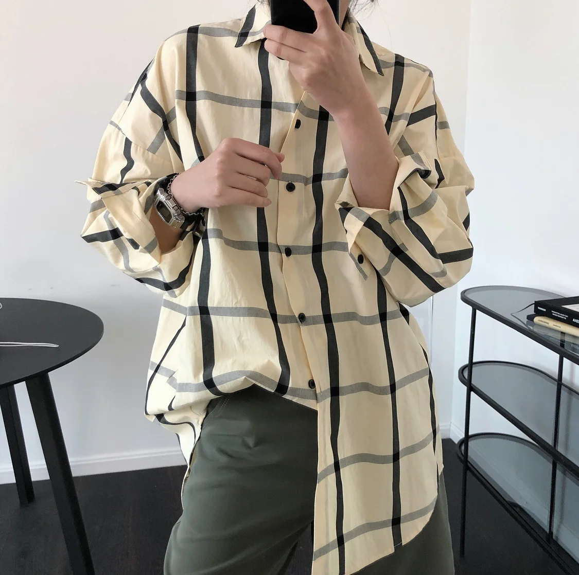 Женская клетчатая хлопковая блузка оверсайз свободные длинные нормкор