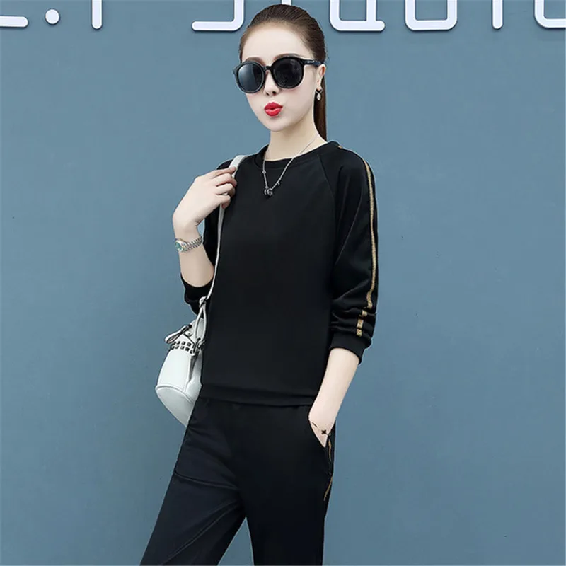 Женский спортивный костюм 2019 Осень Зима Плюс Размер Свободный двухсекционный