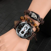 2021 men high quality quartz watch suit retro black bracelet leatherstainless steel strap wristwatch gifts sets for dad husband