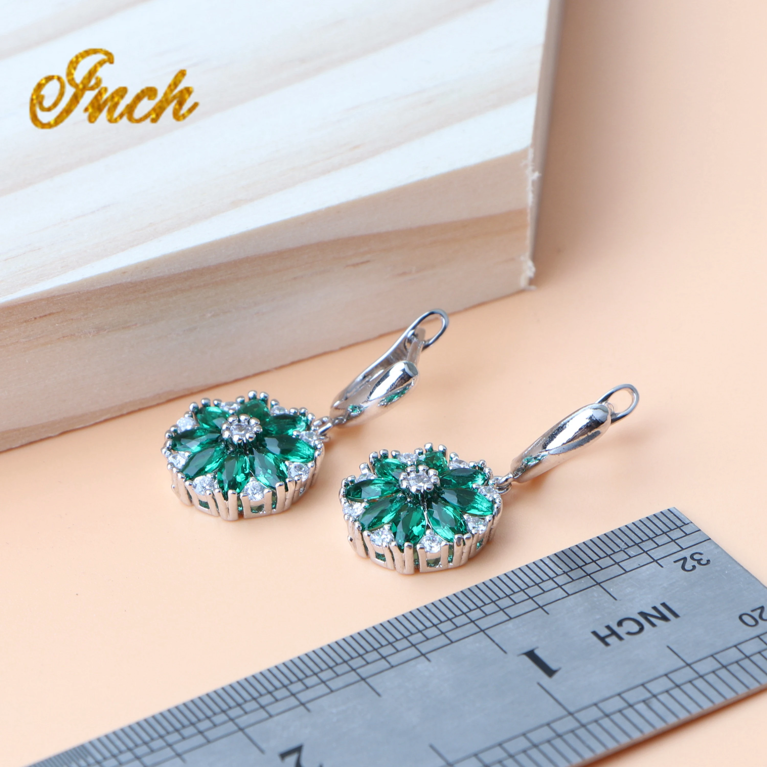 925 Sterling Silver Green Zirconia Jewelry Sets Stone Earrings For Women Wedding Pendant Rings Necklace Set Gift Box | Украшения и