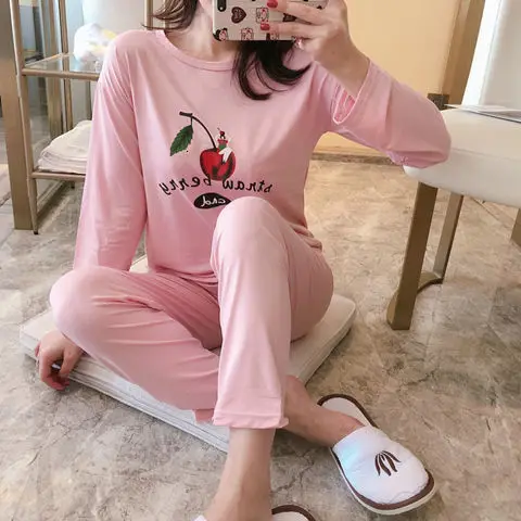 Pajamas suit Осенне-зимний пижамный комплект для женщин, полосатый хлопковый Длинный топ, длинные штаны, комплект из 2 предметов, пижамный комплект для женщин, милая одежда для сна, пижама для девочек - Color: Pajamas suit