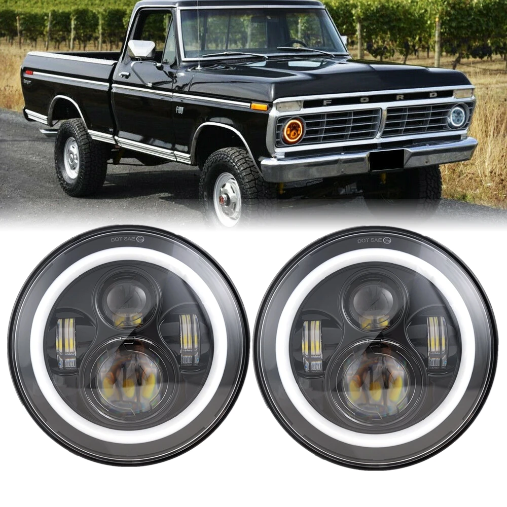 

Fit 1953-1977 Ford F-100 F-250 F-350 Pickup Pair 7" LED Projector Headlights White DRL Amber Turn Signal Halo For Jeep Hummer