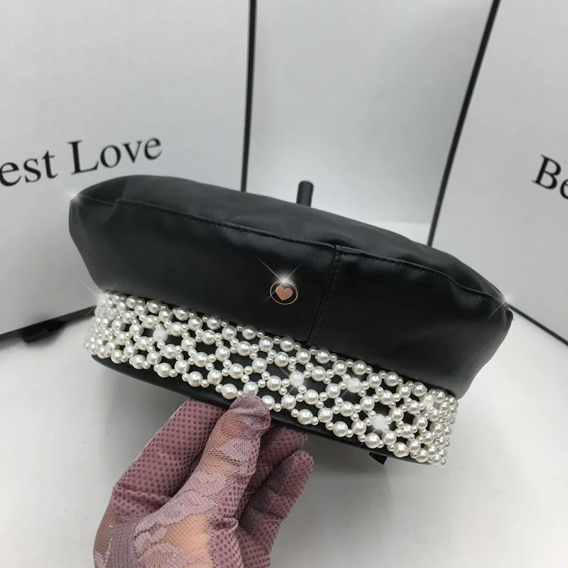 

Берет из ПУ кожи для женщин в европейском и американском стиле, шляпа с перламутром, винтажный, французский, элегантный, в британском стиле, ...