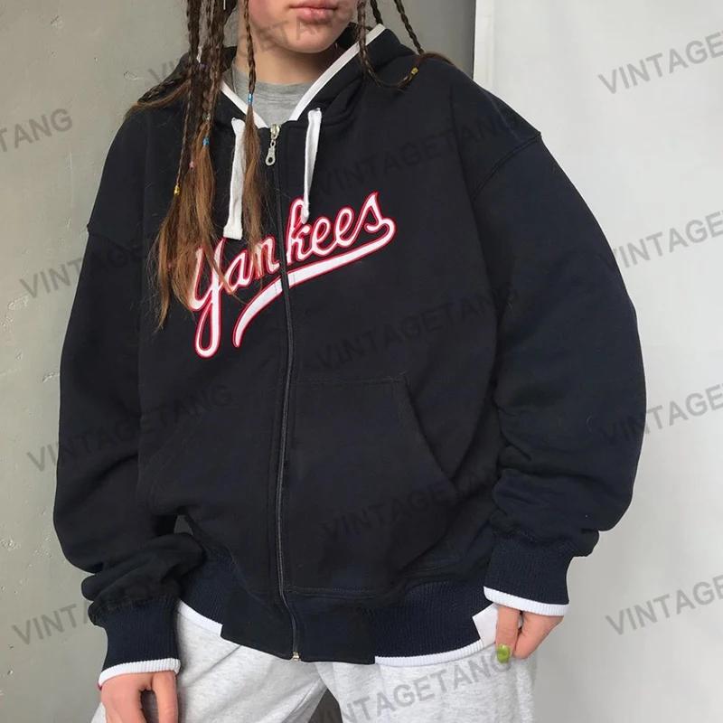 

Retro Letter Print Zip Up Hoodies Women Jacket Coats Black American Streetwear Vintage Sweatshirt 2021 Autumn New Korean Fashion