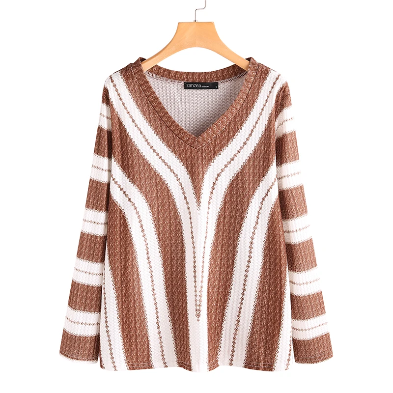 ZANZEA Women Blouse Deep V Striped Thin Sweater Autumn Knitwear Tops Casual Long Sleeve Shirt Jumper Pull Femme Pullover Blusas | Женская