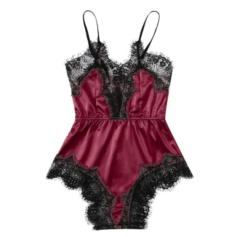 

Women Temptation Eyelash Lace Lingerie Bodysuit Spaghetti Strap Solid Color Rompers Faux Silk High Waist Sexy Backless Sleepwear