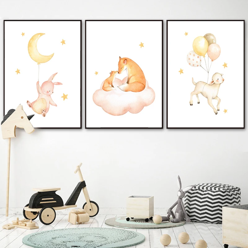 Bear Rabbit Sheep Stars Moon Nursery Wall Art Canvas Painting Nordic Posters And Prints Pictures Girl Boy Kids Room Decor | Дом и сад