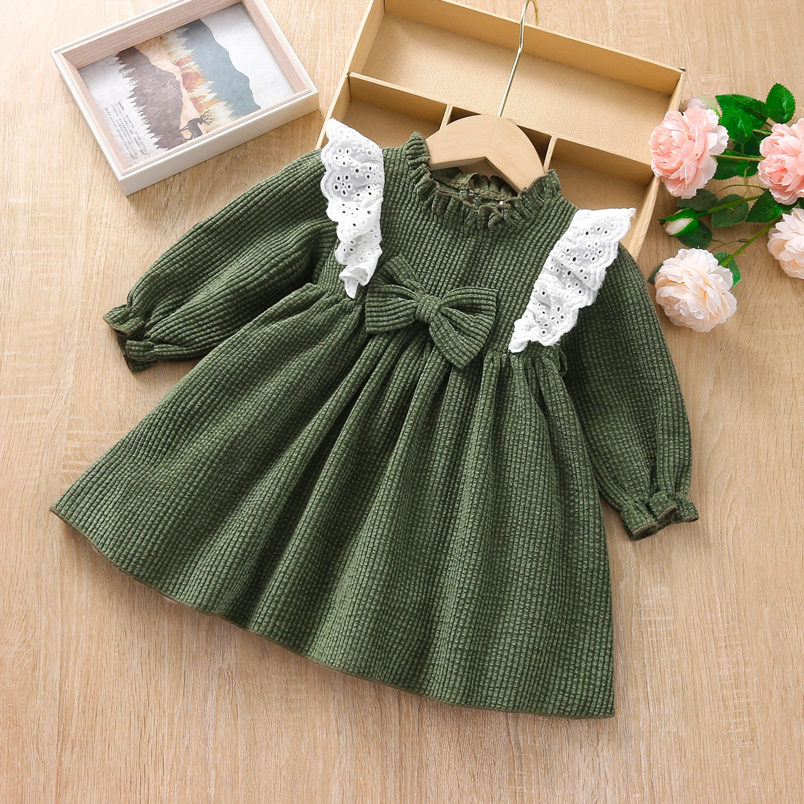 3 months-3 years Old Angel Baby Girl Autumn Winter Dress bow Lantern Long Sleeve Ruffle Elegant Toddler Kids Small Stand Collar