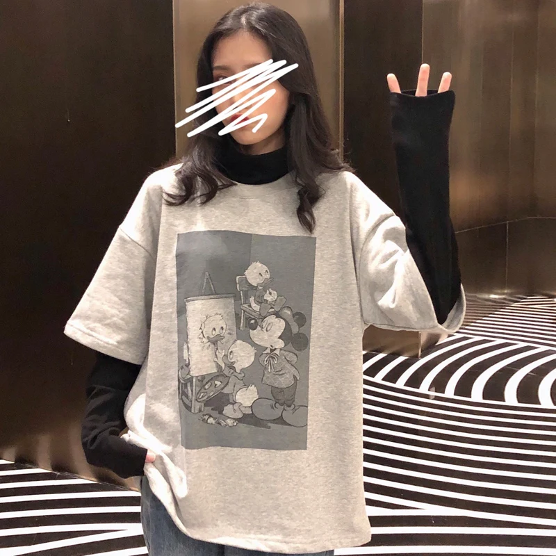 Весенняя футболка с длинным рукавом в стиле Instagram имитацией Микки Мауса из двух