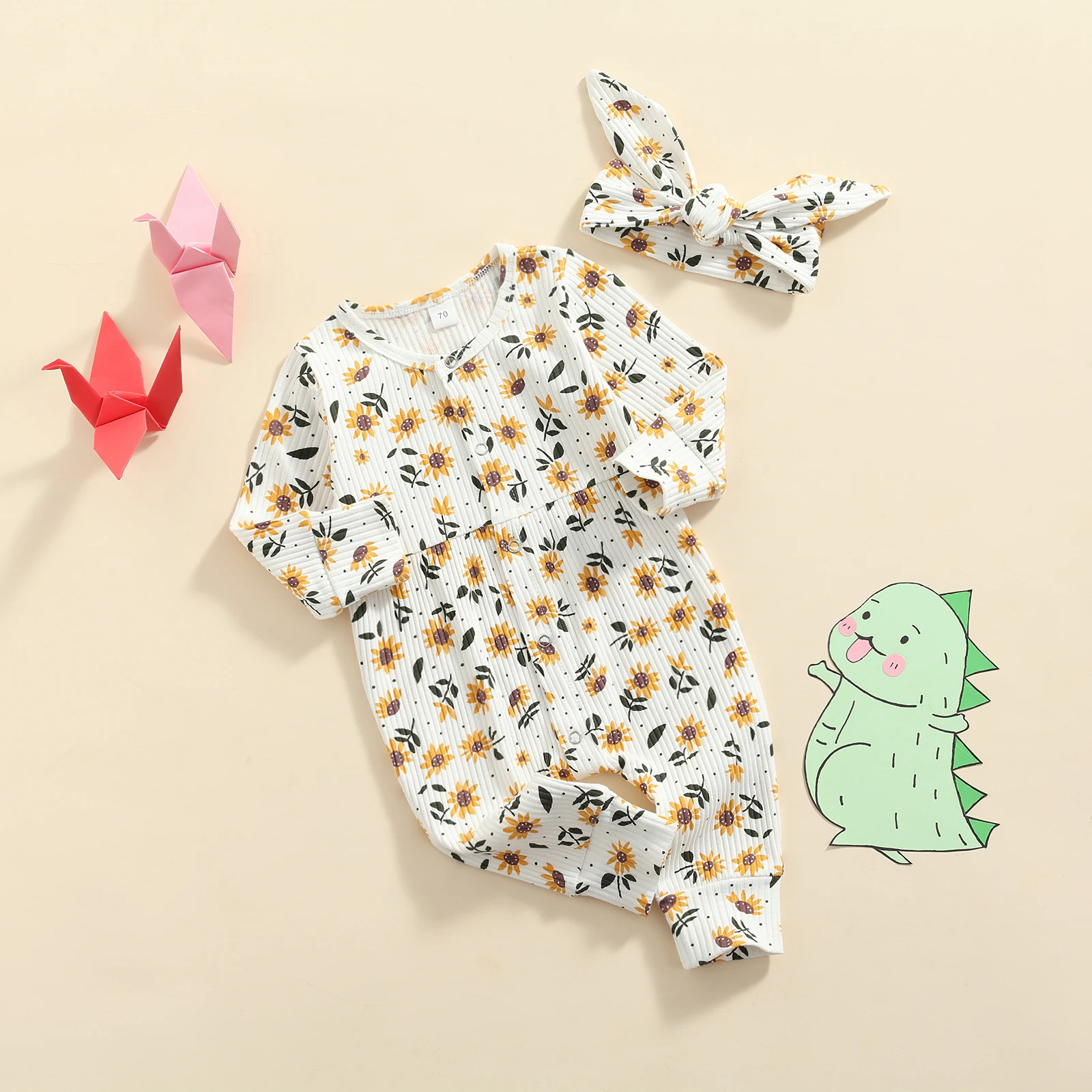 

2 Pcs Newborns Romper Bodysuit Playsuit Ribbed Outfits Baby Girls Flower Print Long Sleeve Round Neck Jumpsuit Bow Headband