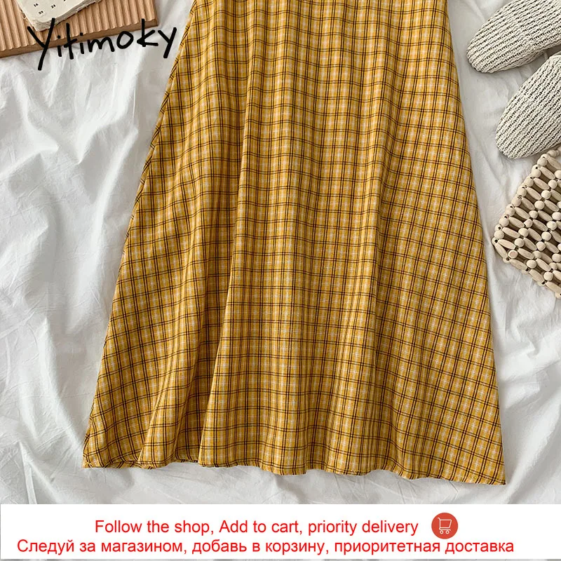 

Yitimoky Plaid Dresses for Women Puff Sleeve Square Collar Spring 2021 Button Office Lady Empire A-Line New Midi Long Dress