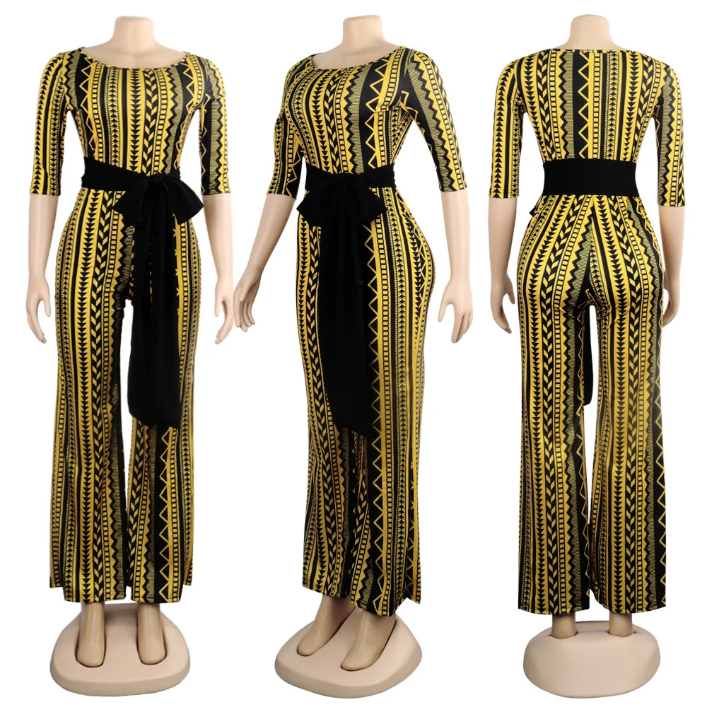 

High Street Printed Strighat Jumpsuit Summer O Neck Half Sleeve Hin Thin Romper Women Empire Casual Overalls With Sash F90