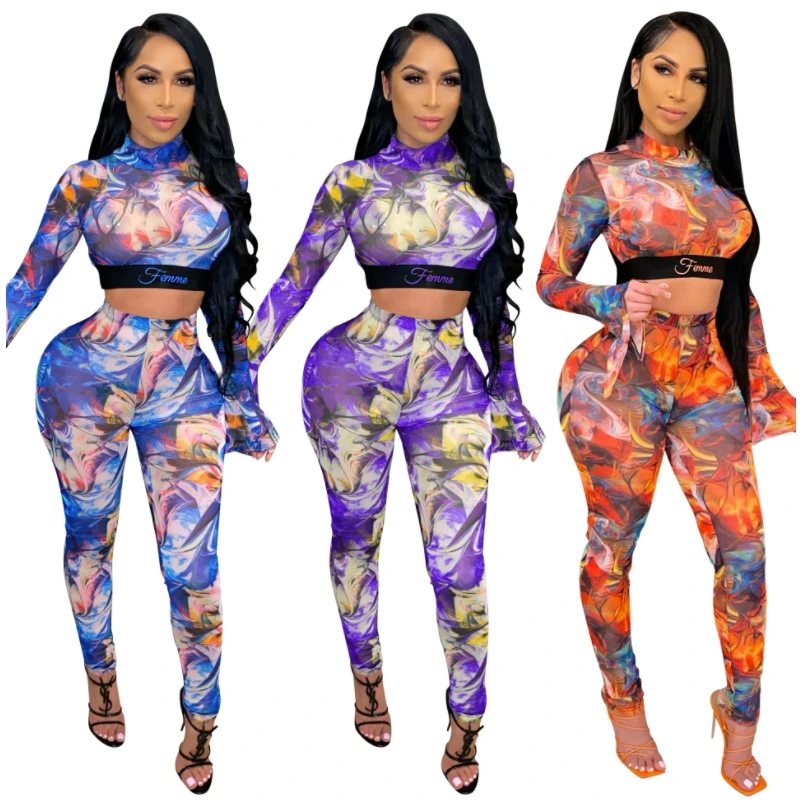 

Floral Printed Two Piece Set Flare Sleeved Crop Top And Pants Sweat Suit See Through Mesh Bodycon Bandage Outfits Sexy Tight Fit
