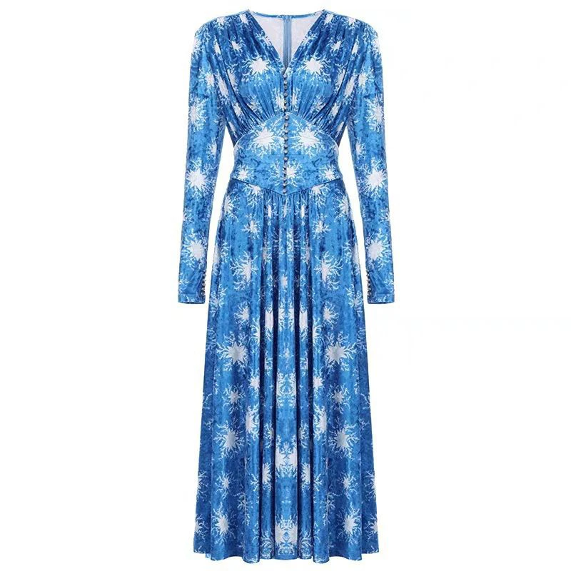 

TWOTWINSTYLE Print Irregular Women's Dress V Neck Puff Long Sleeve High Wsit Ruched Dresses For Female 2021 Fashion Clothing New