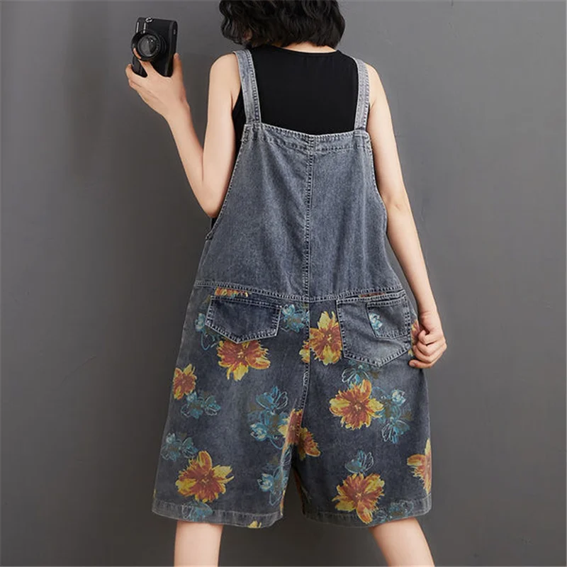 Summer Knee Length Denim Jumpsuits Strap Casual Printed Pocket Playsuits Women Jeans High Waist Pants Overalls Rompers