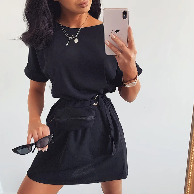 

O-neck White Summer T-shirt Dress Female Solid Color 2021 New Belt Short Sleeve Dress Female High Waist Black Casual Mini Dress