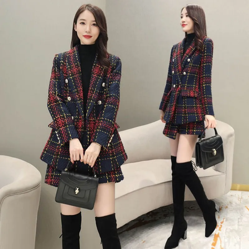 

High Quality Autumn Winter Vintage Tweed 2 Piece Set Women Woolen Jacket Coat + Shorts Sets Small Fragrance Two Piece Pant Suits