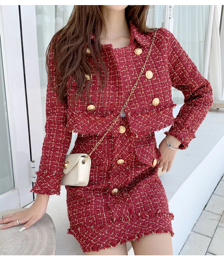 2021 Women Retro Tweed Jacket A-line Skirt Two Piece Set ladies Runway Spliced Plaid Gold trim Short Coats Skirts Outfits Suits |