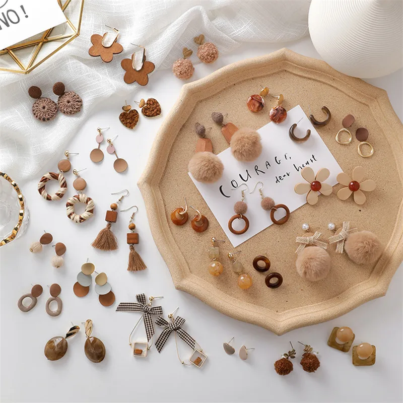 Милые коричневые серьги в виде капель украшения цветов Женские туфли Корейском