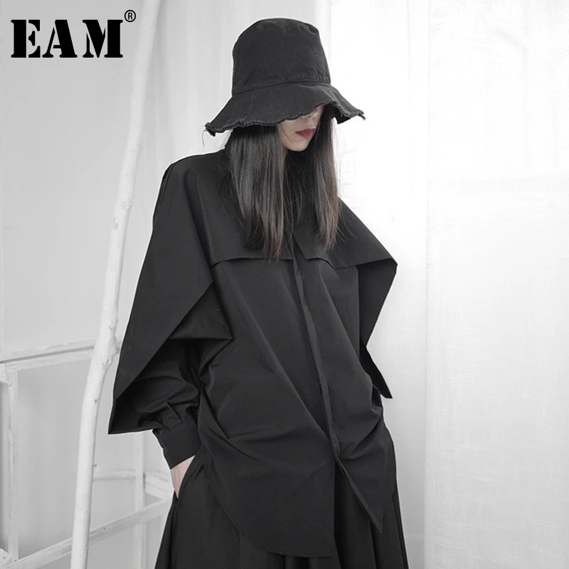 

[EAM] Women Black Ruffles Stitch Big Size Blouse New Lapel Long Sleeve Loose Fit Shirt Fashion Tide Spring Autumn 2022 1S235