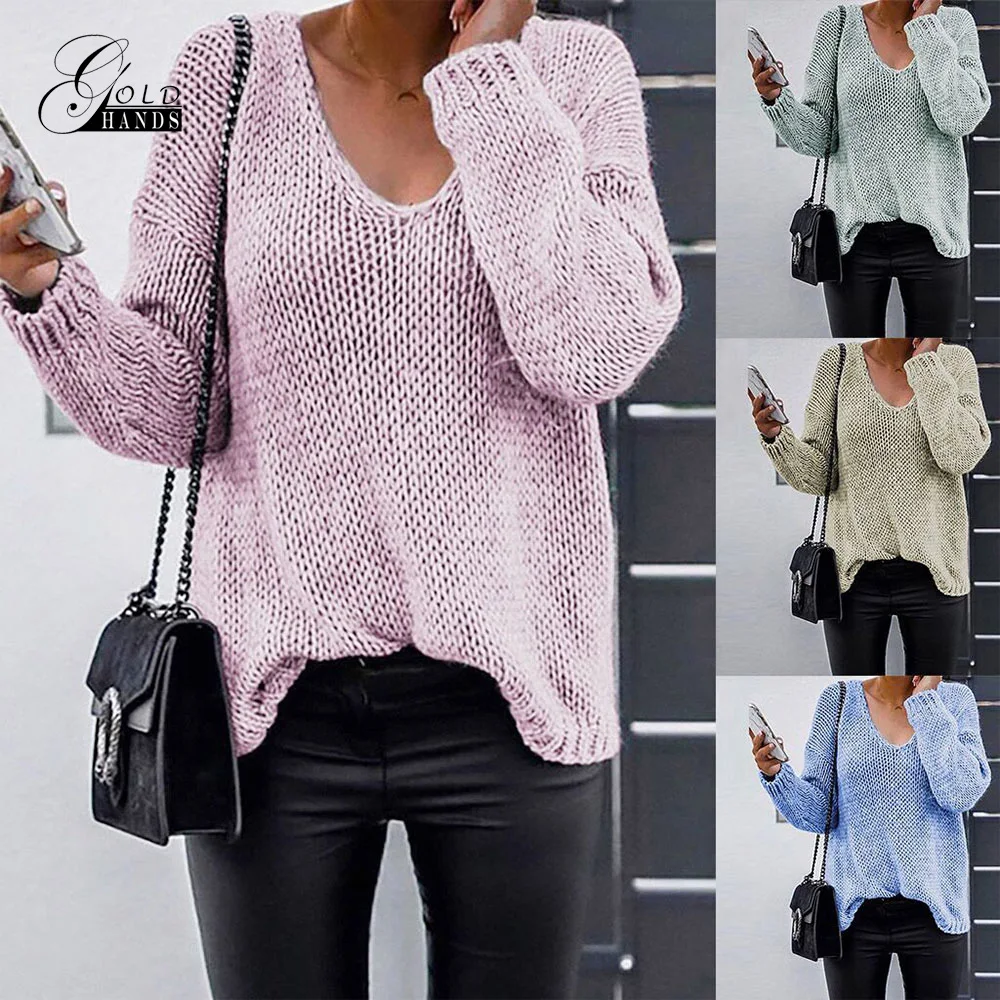 Gold Hands Fashion Sexy V-Neck Women Sweaters And Pullovers Knitted 2019 Autumn Winter Clothing Loose Pullover Jumper Pull Femme | Женская