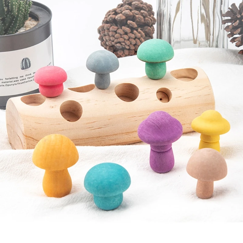 

Wooden Rainbow Blocks Mushroom Picking Game Montessori Baby Educational Developmental Shape Matching Assembly Grasp Toy H37A