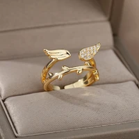double layered zircon angel wings open rings for women leaves crystal finger ring wedding couple jewelry gift bijoux femme