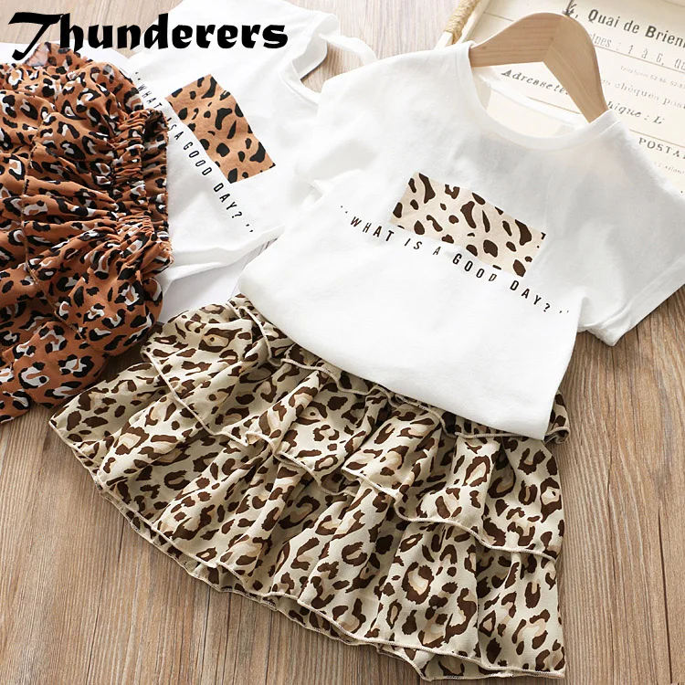 Thunderers летняя одежда для девочек костюм мультяшная рубашка с леопардовой юбкой