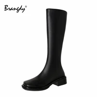 brangdy 2022 fashion women knee hight boots genuine leather women shoes square toe zipper new women winter knight boots with fur