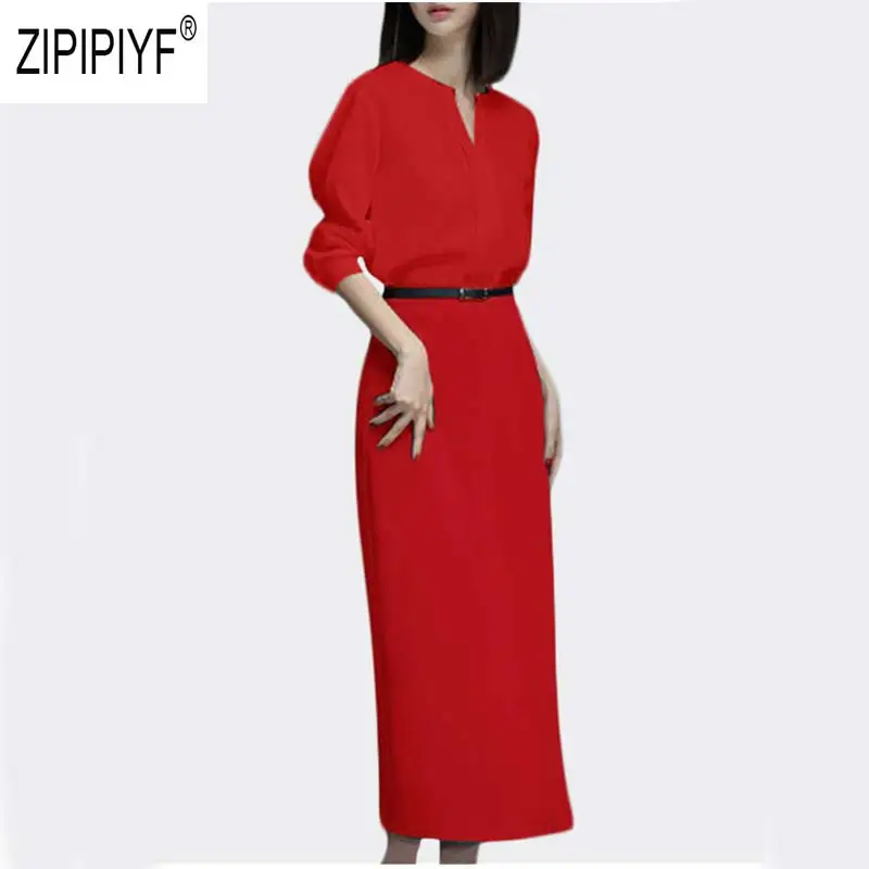 Европейский стиль модные женские осенние платья 2019 v образный вырез длинный