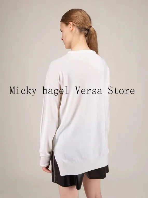 

21 luxury design high-end fashion simple long sleeve women's round neck Pullover temperament versatile split loose knit sweater