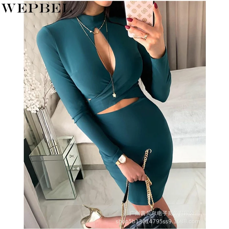 

WEPBEL Women's Elegant Hollow Out Skirt Set Outfits Ladies Sexy Crop Top + High Waist Bodycon Skirt Two Piece Set