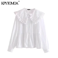 kpytomoa women 2020 sweet fashion with peter pan collar ruffled blouses vintage long sleeve button up female shirts chic tops