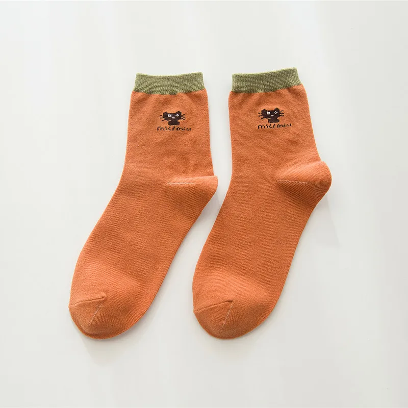 5 Pairs Hot Sale Cartoon Animal Kawaii Cat Embroidery Cotton Women Sock Comfortable Soft Spring Autumn Winter Fashion Crew Socks
