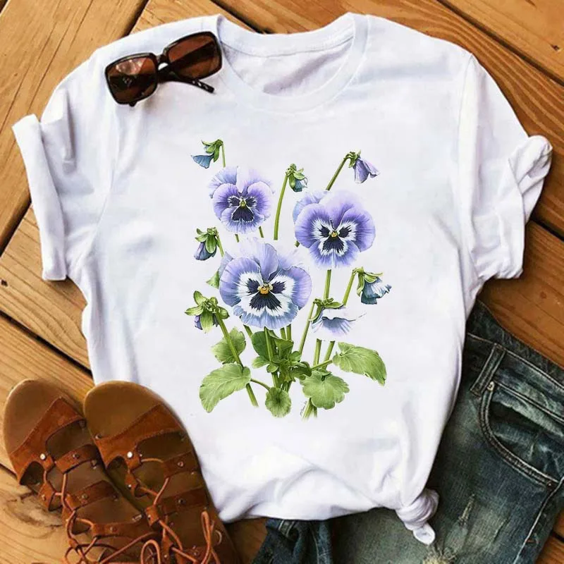 

Summer Harajuku Short Sleeve White T Shirts Cartoon Casual Woman Tops Clothes Maycaur New Funny Flower Print Women Female Tshirt