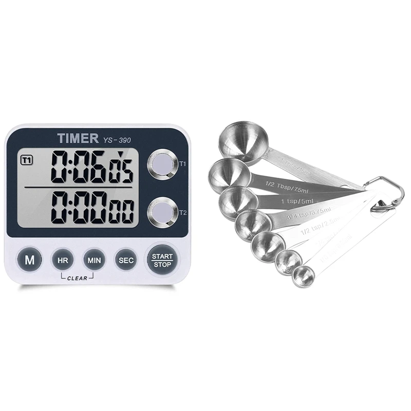 

7 Pcs Chef Measuring Spoons, for Dry or Liquid with ​Digital Kitchen Timer Back,Timer,for Cooking Sports Office