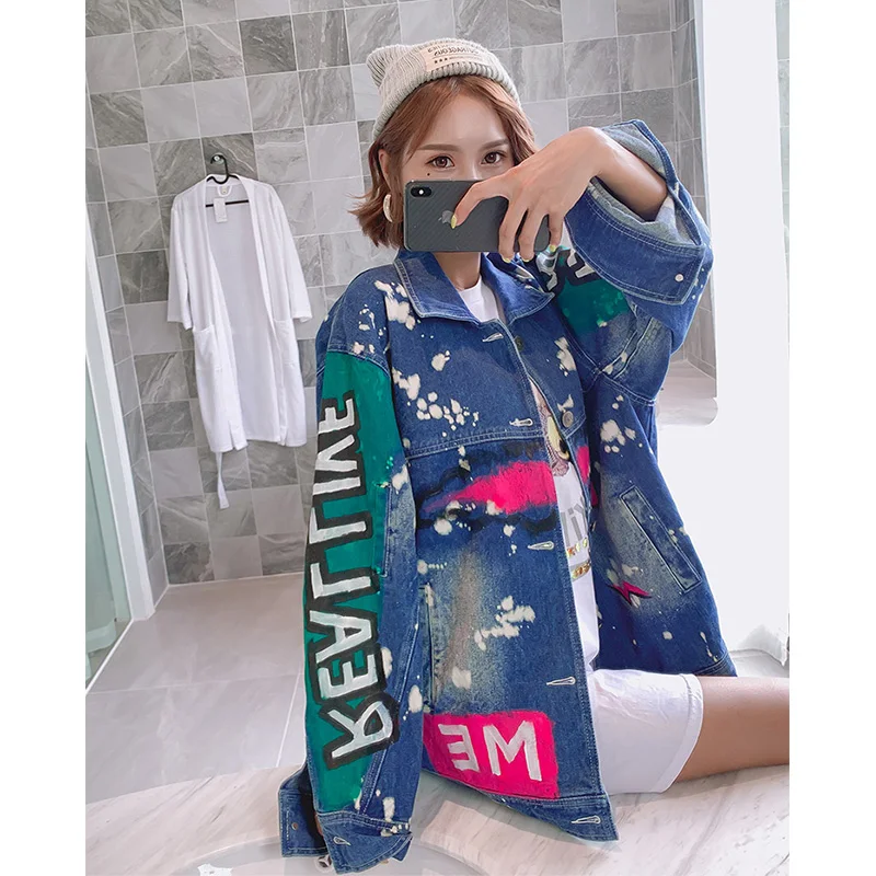 2021 осенние женские джинсовые блестки патч-дизайны куртки с рисунком граффити |