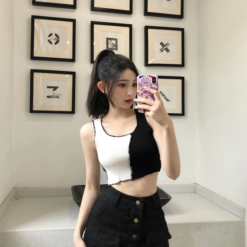 

black white Patchwork knitted vest Splicing Pure Cotton Camisole Female Corset Elastic Casual Slim Vest Sleeveless Sling Top
