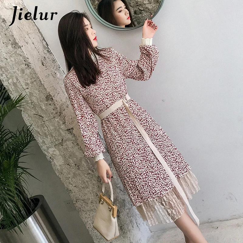 Jielur осеннее элегантное платье с цветочным рисунком женские кружевные шифоновые