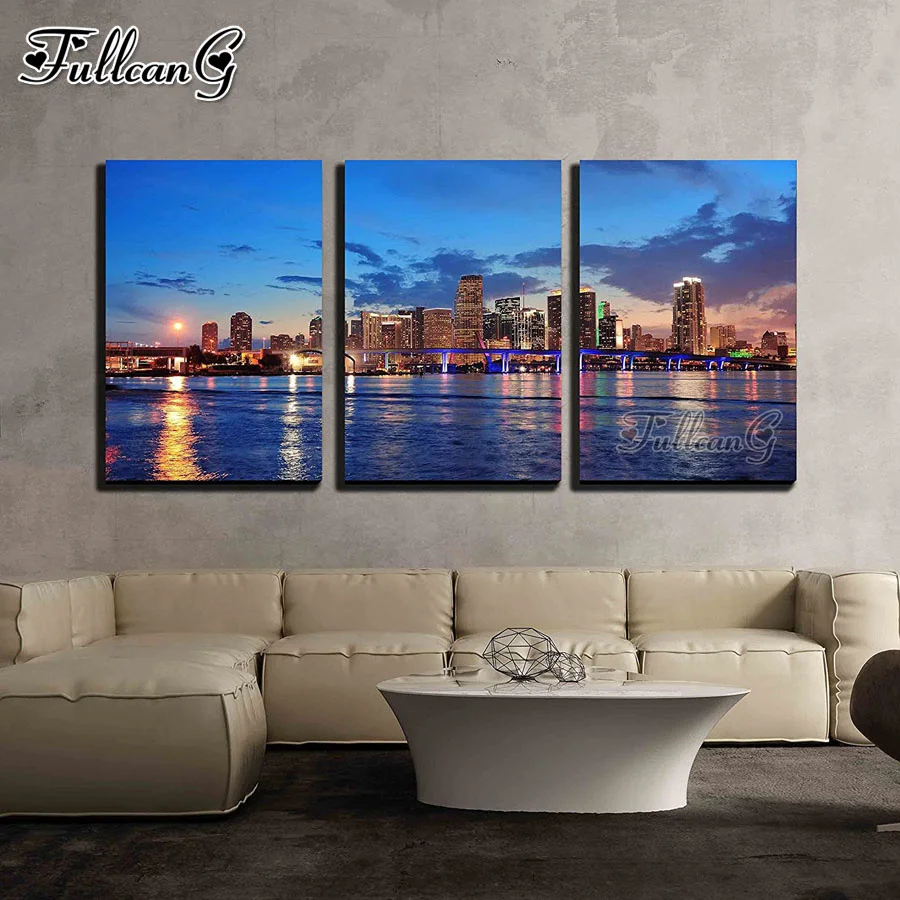 

FULLCANG 5d diy diamond embroidery seaside city view triptych full square round mosaic cross stitch kits home decoration FG0485