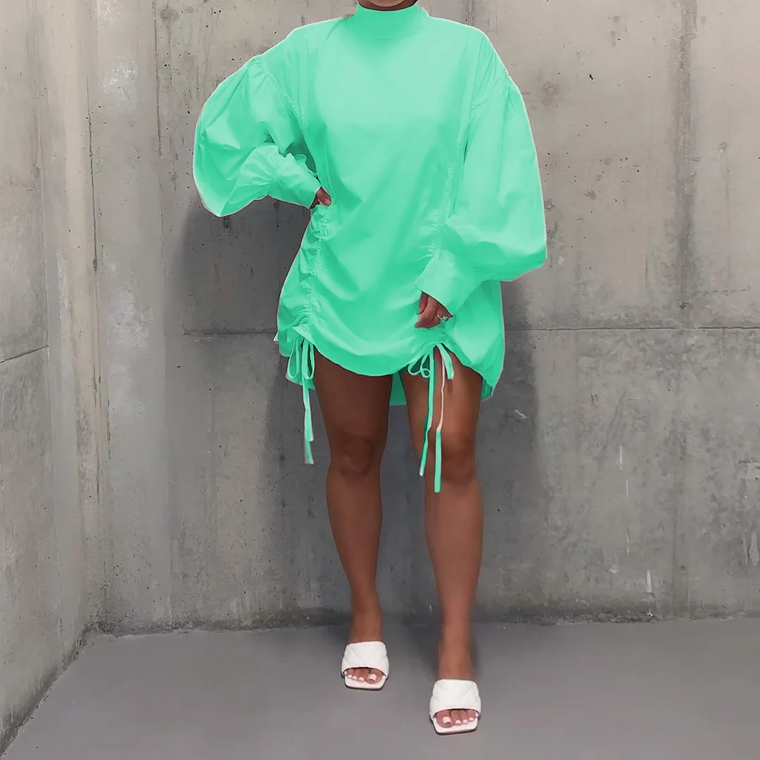 Платье Chocomist с прочный Фонарь рукавом Осеннее женское платье со складками C3009 |