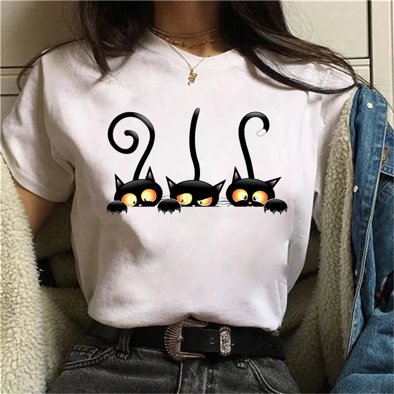 

Women Short Sleeve Round Neck Graphic Tees Women Casual Summer Tops Harajuku Kawaii Tee Shirts Black Cat What Print T Shirt
