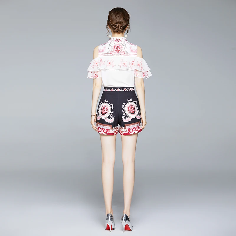 

Make spot European fashion suits the new off-the-shoulder printed flounce shirt shorts two-piece