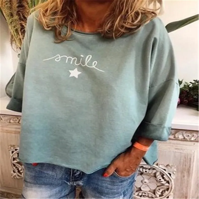 Повседневная Женская блузка с круглым вырезом и длинными рукавами принтом