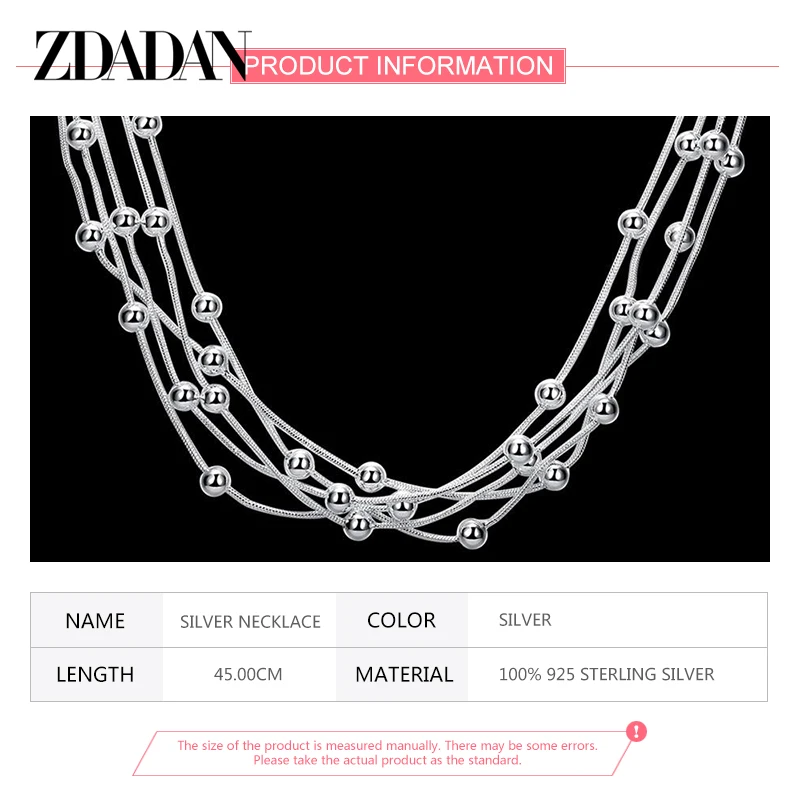 

ZDADAN 925 Sterling Silver Bead Necklace Chain For Women Fashion Party Jewelry Wholesale