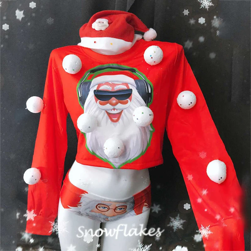 

Красная рождественская одежда, топ с принтом Санта, шорты, милая шляпа, праздничная одежда для женщин и мужчин, косплей, ночной клуб, сцениче...