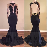 2020 african black and gold mermaid prom dresses long sleeves open back appliques beads sweep train see through plus size dress